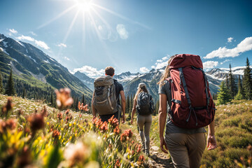 Group of hikers with backpacks walking through a mountainous trail surrounded by wildflowers - obrazy, fototapety, plakaty