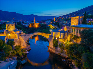 Sunset view of the old Mostar bridge in Bosnia and Herzegovina