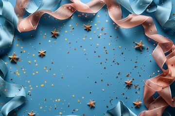 Sophisticated pink satin ribbons with sparkling golden stars scattered over a serene blue background convey elegance and celebration - obrazy, fototapety, plakaty