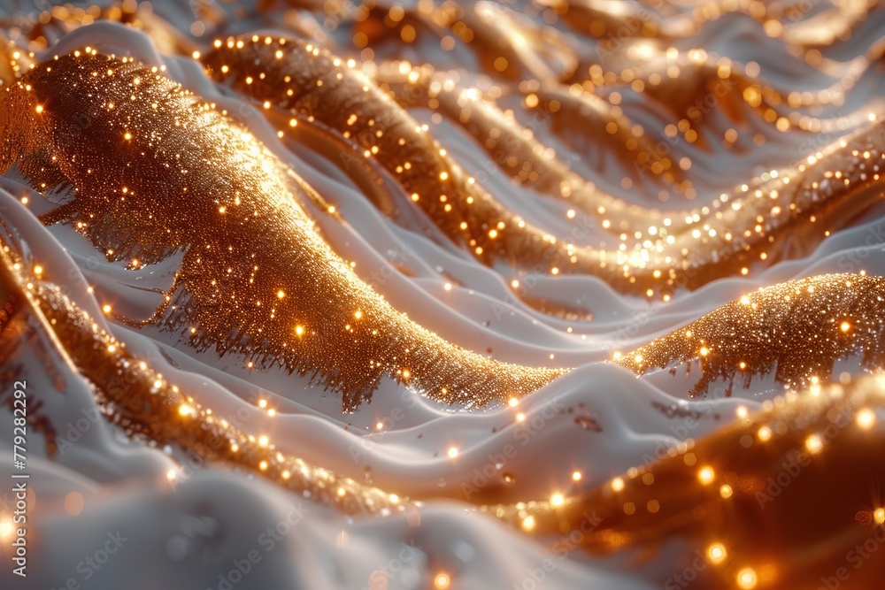 Poster golden sparkles create a wave-like pattern over a smooth surface, suggesting movement and fluidity i