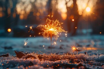 A single sparkler shines brightly against the twilight of a winter evening, symbolizing joy and festivity - Powered by Adobe