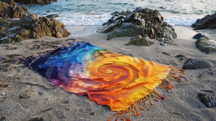 Beach towel 3d style spread out on the sand, colorful