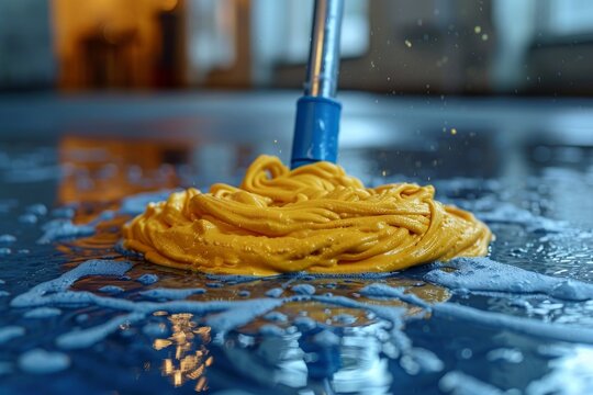 A 60 character-focused image showcasing a mop spreading vibrant yellow cleaning gel on a reflective blue floor for a deep clean