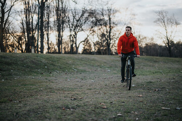 A young adult cyclist in a vibrant red hoodie relishes a leisurely ride amidst the tranquility of a park setting as the day wanes.