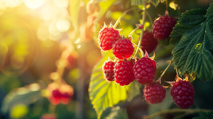A cluster of ripe raspberries growing on a bush in a sunny garden. - obrazy, fototapety, plakaty