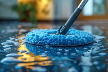 A modern mop-head cleaning a blue floor with visible water droplets, denoting house maintenance