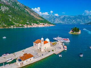 Aerial view of Church of Our Lady of Skrpjela and Saint George Catholic Monastery near Perast in...