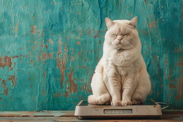 obese grumpy cat sat on a scale