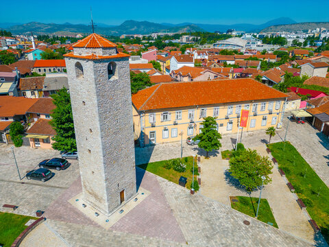 Fototapeta Panorama of Sahat kula tower in capital of Montenegro Podgorica