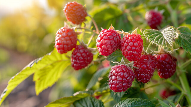 A cluster of ripe raspberries growing on a bush in a sunny garden.