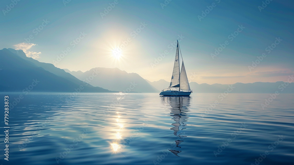Wall mural a solitary sailboat drifting lazily on calm waters under the blazing summer sun. - Wall murals