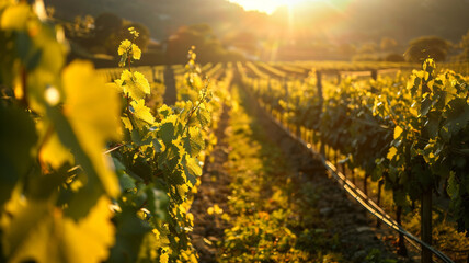 A sunlit vineyard with rows of grapevines stretching into the distance.