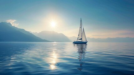 A solitary sailboat drifting lazily on calm waters under the blazing summer sun.