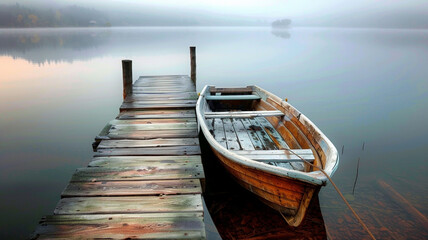 A rustic wooden pier extending into a calm lake, with a rowboat tied to its post.
