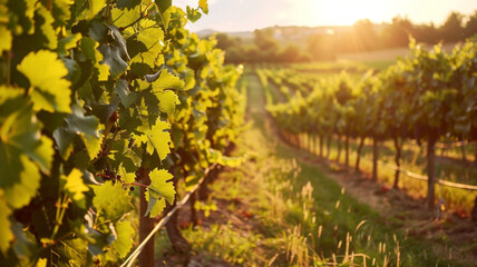 A picturesque vineyard with rows of grapevines basking in the summer sun.