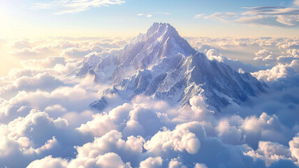 A breathtaking mountain peak rising above fluffy clouds against a sunny sky.