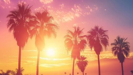 A breathtaking view of the sun setting behind silhouetted palm trees against a radiant sky.