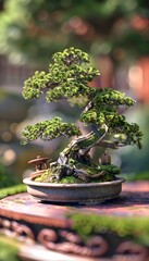 Bonsai Tree Miniature Garden Artfully Arranged in Traditional Japanese Style with Moss and Foliage