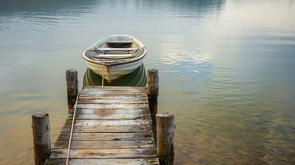 A rustic wooden pier stretching out into a calm lake, with a rowboat tied to one of its weathered...