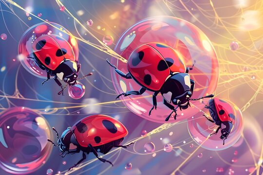 Ladybugs Pilot Bubble Chariots in Whimsical Spiderweb Race for Juicy Aphid Bounty