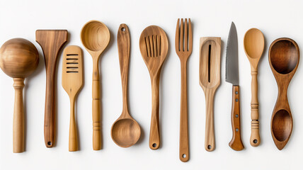 A variety of wooden kitchen utensils neatly organized on a white surface.