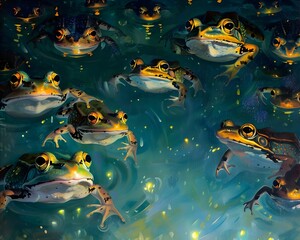 Synchronized Frog Swimming in Moonlit Pond with Glowing Eyes