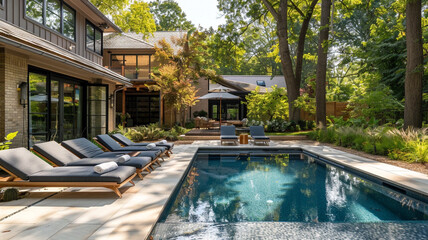 A tranquil backyard oasis with a swimming pool and lounge chairs. - Powered by Adobe