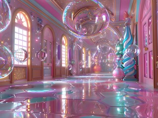 Fantastical Bubblegum Ballroom Bash:Sentient Bubbles Waltz Through Candy-Coated Corridors of a Whimsical Castle