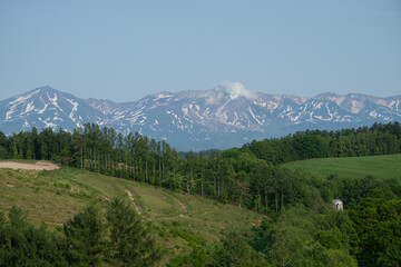 新緑の丘と残雪の山並み　十勝岳連峰
