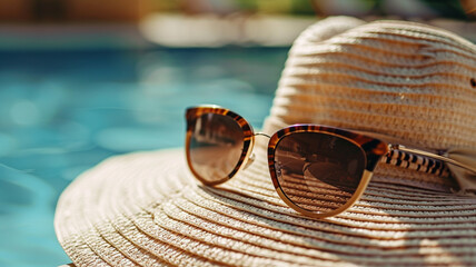 A pair of sunglasses resting on a sunhat, ready for a day at the beach.