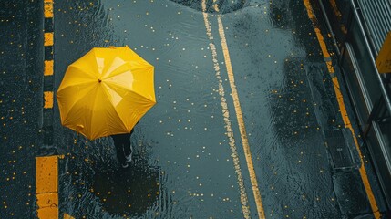 Take an overhead shot, below the tall building, on the rainy street. A man is holding a yellow umbrella, and the umbrella is running across the street - generative ai