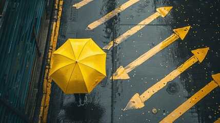 Take an overhead shot, below the tall building, on the rainy street. A man is holding a yellow umbrella, and the umbrella is running across the street - generative ai