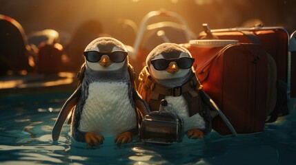 two penguins with a suitcase on the background of the sea. The concept of travel, leisure and vacation - obrazy, fototapety, plakaty