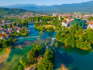 Fototapeta na wymiar Panorama of rapids on river una in Bosnian town Bihac