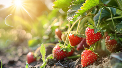 A cluster of ripe strawberries growing in a sun-kissed garden.