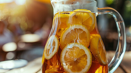 A close-up of a refreshing iced tea pitcher adorned with lemon slices. - obrazy, fototapety, plakaty