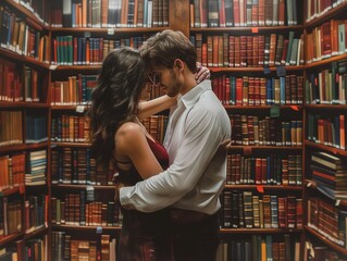 A man and woman are hugging in a library. The man is wearing a white shirt and the woman is wearing a red dress. The library is filled with books, and the couple is surrounded by them