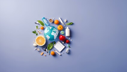 Obraz premium Global Health and Wellness: A conceptual arrangement of health and wellness essentials, including a globe, vitamins, fruits, essential oil bottles, and medical supplies.