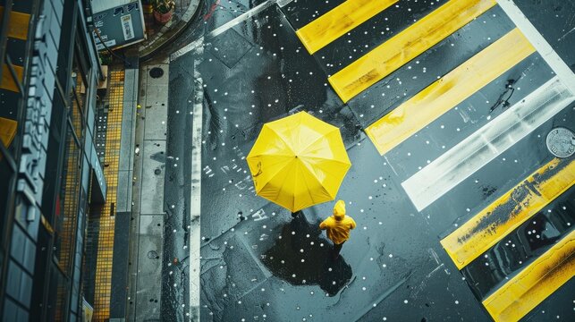 Take an overhead shot, below the tall building, on the rainy street. A man is holding a yellow umbrella, and the umbrella is running across the street - generative ai