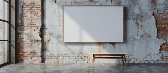 A simple yet elegant room featuring a blank picture frame hanging on the wall and a bench underneath it