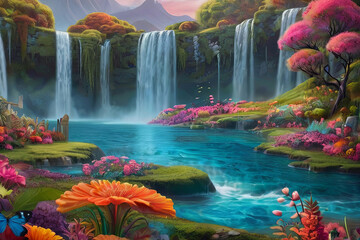 Experience the vibrant beauty of a modern fantasy landscape, adorned with surreal floral elements and whimsical waterfalls
