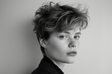 Black and white portrait highlighting an androgynous person with a fashionable urban style