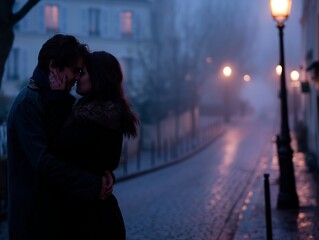A couple is kissing in the rain on a city street. The man is wearing a black coat and the woman is wearing a black coat and a scarf