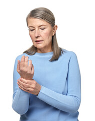 Arthritis symptoms. Woman suffering from pain in wrist on white background