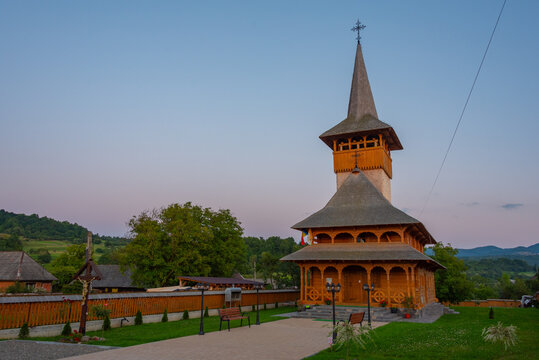 Sunset of a new wooden church in Breb, Romania