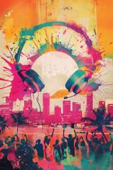 Obraz premium colorful summer party poster cityscape music festival with headphones and crowd 