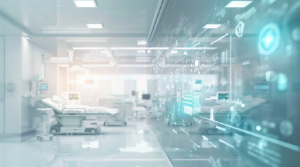 Advanced hospital room with futuristic digital health monitoring interfaces.