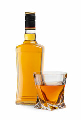 Glass and bottle of whiskey isolated on white