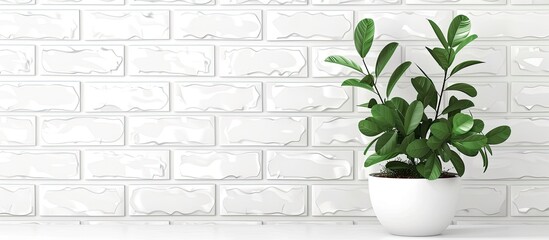 A houseplant in a flowerpot is placed on a shelf against a white brick wall. The rectangular plant stands out against the neutral background