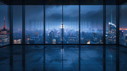 Cityscape View from Modern Interior, Urban Elegance at Night, Luxurious Room with Panoramic Windows